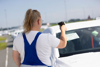 Eine Mitarbeiterin scannt ein in weißer Schutzfolie umhülltes Auto ein.
